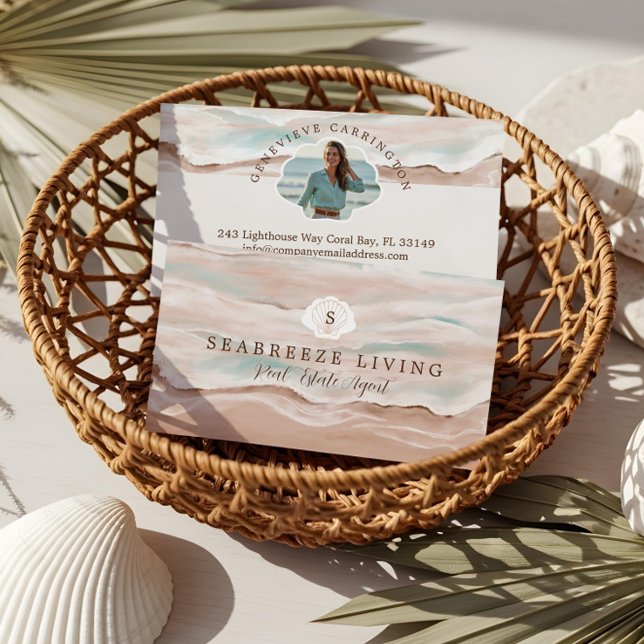Kustnära strand Fastigheter för försäljning av sjö Visitkort (Watercolor Costal Beach Shoreline Real Estate Business Card)