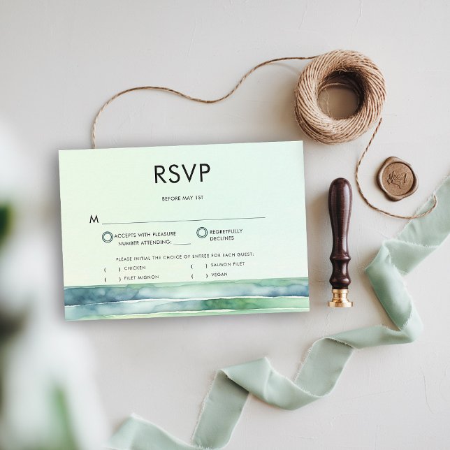 Kustnära strand tidvattenpool havsgröna ränder brö OSA kort (coastal wedding invitation suite green theme tide pool sea sage modern elegant classy chic modern)