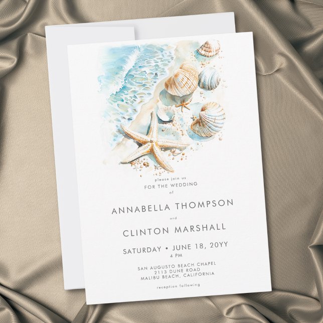 Kustnära strandskal modern akvarellbröllop inbjudningar (Coastal Beach Shell Modern Watercolor Wedding Invitation)