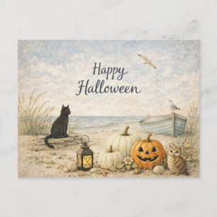Kustnära svart katt roddbåt Halloween Helg Vykort