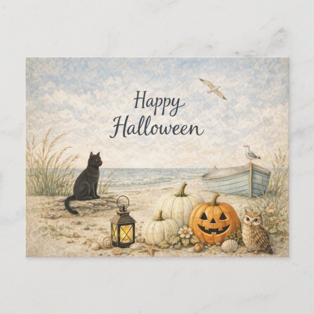 Kustnära svart katt roddbåt Halloween Helg Vykort (Framsida)