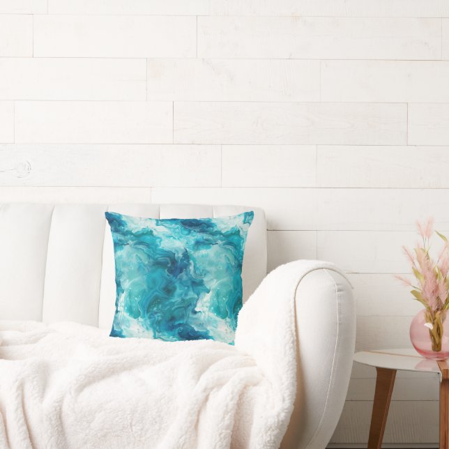 Kustnära Teal Aqua Blå Alkoholbläck Marmor Kudde (Soffa)