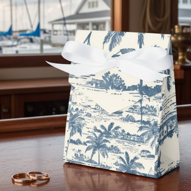 Kustnära Toalettmönster Dammig Blå Bröllop Presentaskar (Coastal Toile Pattern Dusty Blue Wedding Favor Boxes)