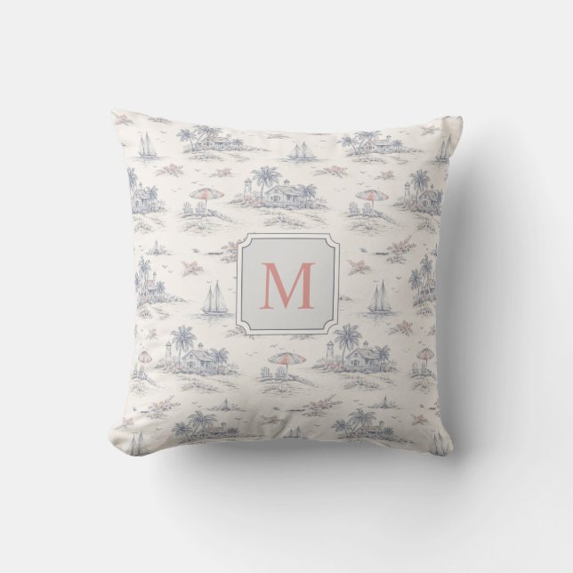Kustnära tropisk fransk toile monogramnamn kudde (Framsida)