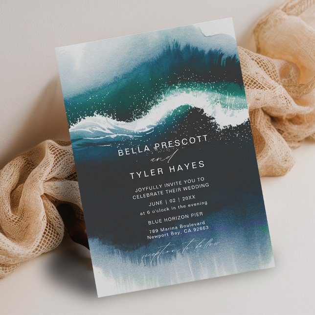 Kustnära Vinkara flottan Beach Oceanen Elegant brö Inbjudningar (coastal wedding invitation modern minimalist elegant beach ocean waves watercolor navy blue teal)