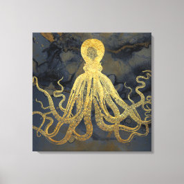 Kustnära Vintage Guld Blue Octopus Watercolor Canvastryck