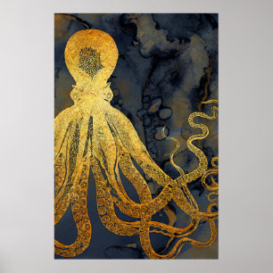 Kustnära Vintage Guld Blue Octopus Watercolor Poster