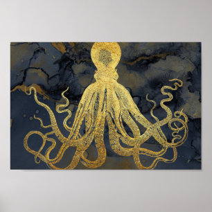 Kustnära Vintage Guld Svarta Octopus Bläck Vattenf Poster