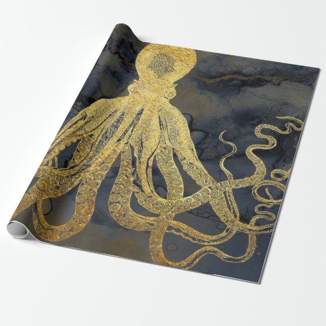 Kustnära Vintage Guld Svarta Octopus Bläck Vattenf Presentpapper (Utrullad)