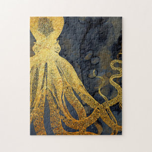 Kustnära Vintage Oktopus Guld Svartvit blått vat Pussel