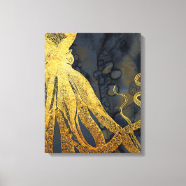 Kustnära Vintage Oktopus Guld Svartvit blått vatte Canvastryck