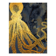 Kustnära Vintage Oktopus Guld Svartvit blått vatte