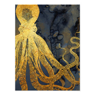 Kustnära Vintage Oktopus Guld Svartvit blått vatte Fototryck