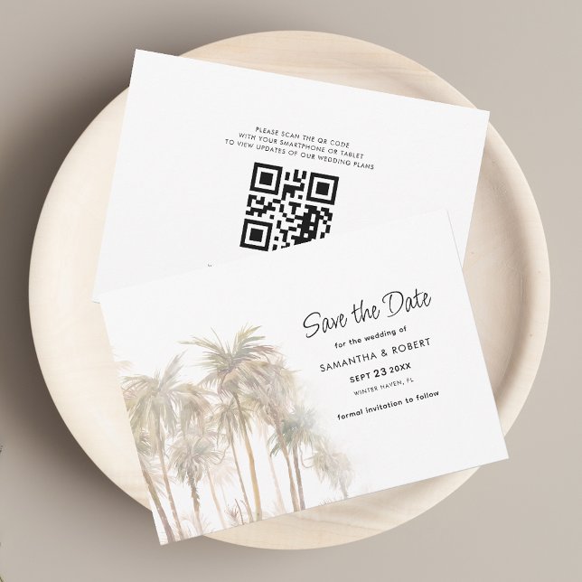 Kustnoden Handflatan Träd och QR Bröllop Spara Datumet (Palm Trees QR Code Wedding Save the Date Announcement Horizontal Card)