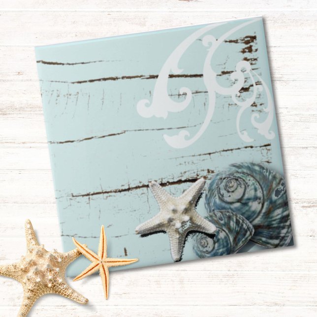 Kustnodrom (chic aqua blue starfish seashells) kakelplatta (Coastal chic wood aqua blue starfish seashells ceramic tile)