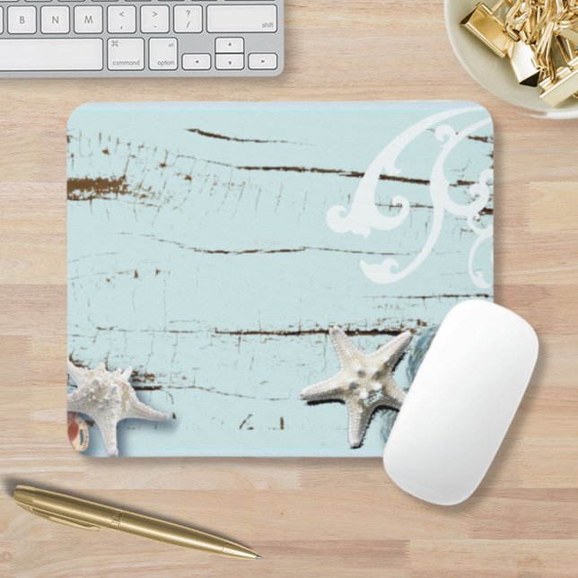Kustnodrom (chic aqua blue starfish seashells) musmatta (Coastal chic wood aqua blue starfish seashells mouse pad)