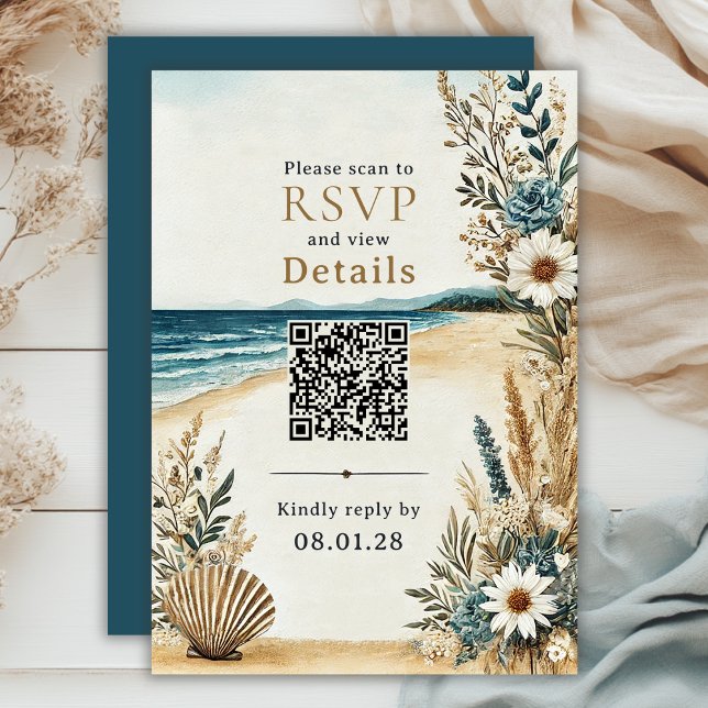 Kustnoduppgifter för Beach Wedding QR-Chic och OSA Kort (Coastal Chic Beach Wedding QR Code Details and RSVP Card)