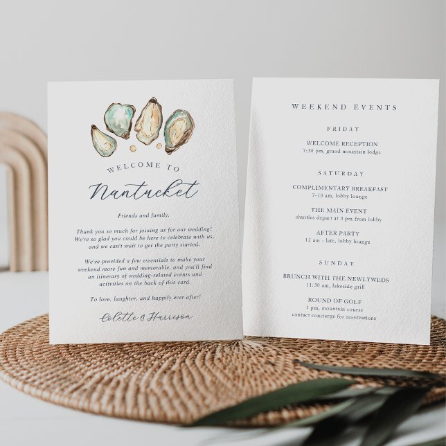 Kustostron Bröllop Välkommen Brev och kontinentals (Coastal wedding welcome letter and itinerary)