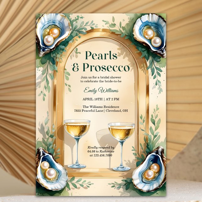 Kustpärlor & Prosecco Bröllopsfest Inbjudningar (Pearls & Prosecco Bridal Shower – Coastal Oyster, Champagne Coupes, Gold Arch, Personalized)