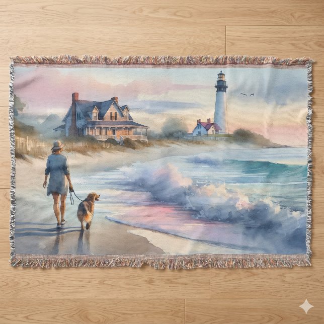 Kustpromenad till fyr vid solnedgång filt (Coastal Walk to Lighthouse at Sunset Throw Blanket)