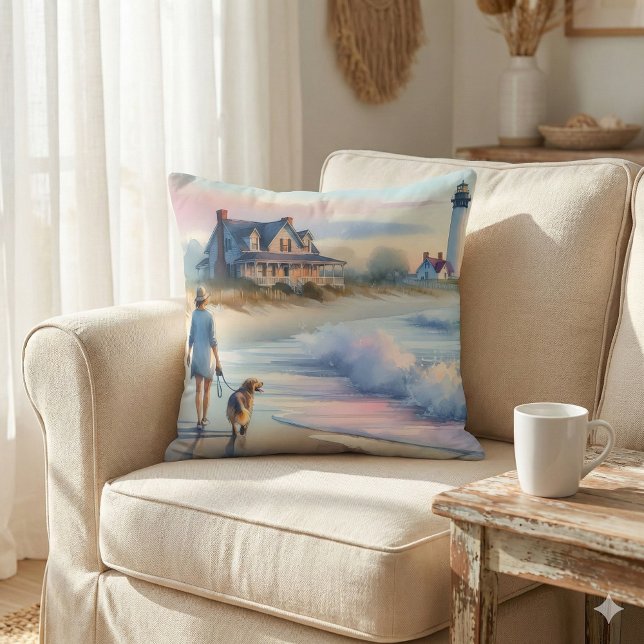 Kustpromenad till fyr vid solnedgång kudde (Coastal Walk to Lighthouse at Sunset Throw Pillow Mockup A)