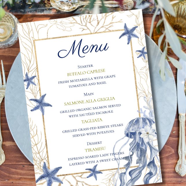 Kustprovlunschen Middagsmeny Bröllopsmeny Kort (Coastal Rehearsal Dinner Wedding Menu Card)