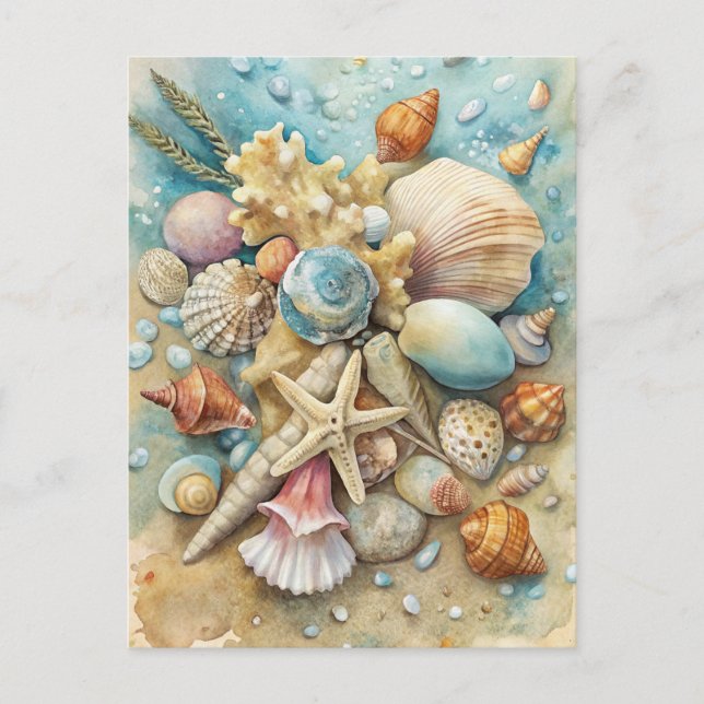 Kustsegmentet Seashells Starfish Watercolor Art Vykort (Framsida)