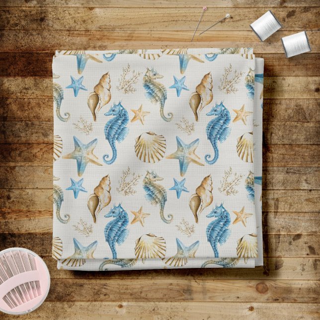 Kustsjöar Seahorse och Starfish Mönster Tyg (Coastal Seashells Seahorses and Starfish Pattern Fabric -- Chose from 7 types of fabric!)