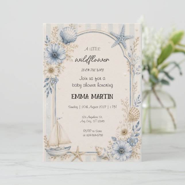 Kustsjöbåt Baby Shower Blå Blommig Inbjudningar (Stående Fram)