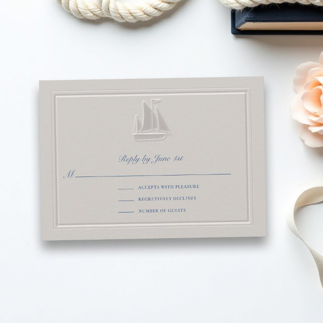 Kustsjöbåt Formell Klassisk Bröllopssvar (coastal wedding rsvp sail boat formal traditional double frame modern classic faux embossed)