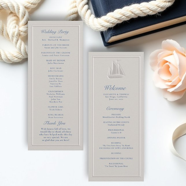 Kustsjöbåt Navläkar Formell Bröllopsprogram (coastal wedding program nautical sailboat formal traditional double frame modern classic)