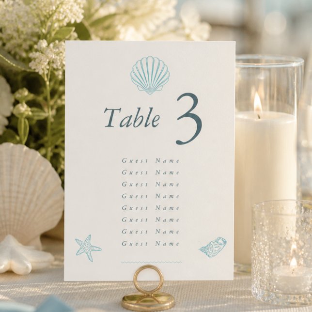 Kustskal Elegant Bröllop Bordsnummer (Coastal Seashell Elegant Wedding Table Number)