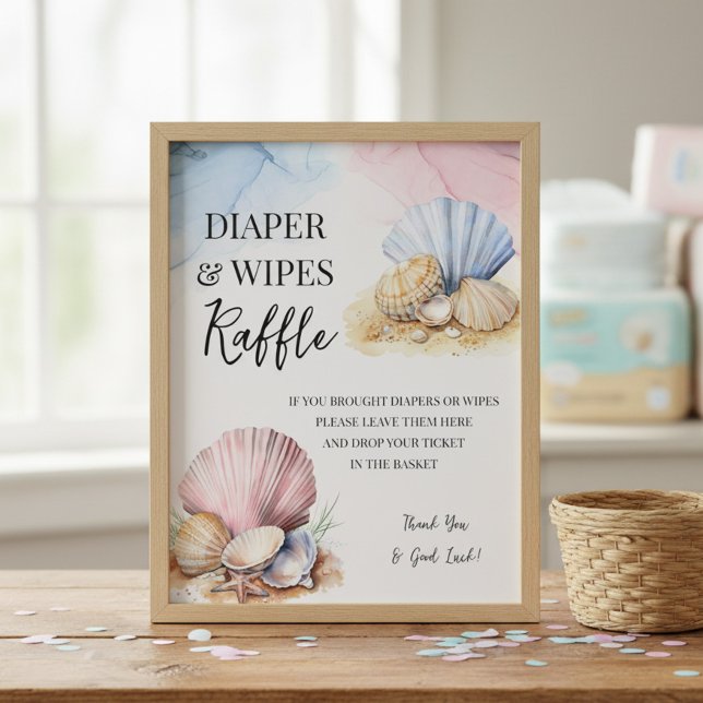 Kustsnäckor blöjor & torkblad lotteri skylt (Diaper & Wipes raffle poster from Coastal Gender Reveal - We Shell Sea collection by Darling & May)