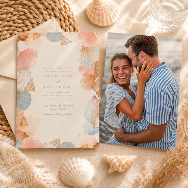 Kustsnäckor Foto Bröllopsinbjudan Inbjudningar (Coastal Seashell Photo Wedding Invitation)