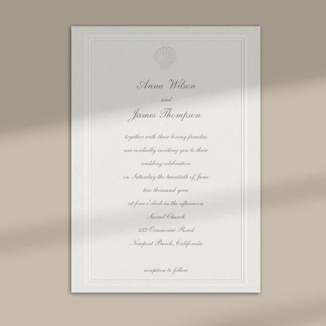 Kustsnäckor Marin Beige Formell Bröllopsklänning Inbjudningar (nautical coastal wedding invitation modern classic formal traditional elegant shell ecru frame)