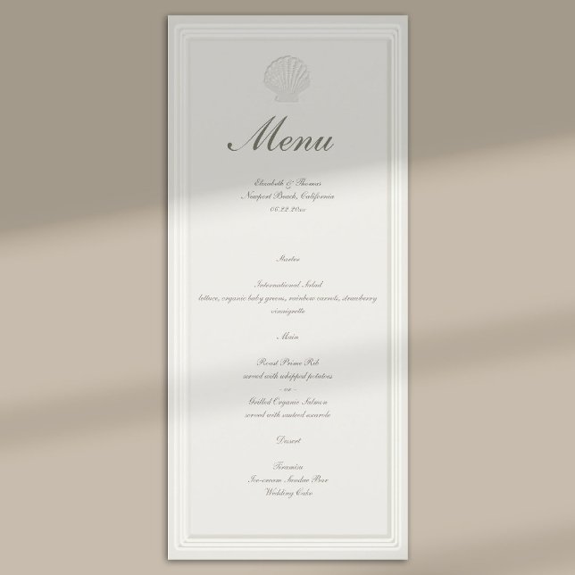 Kustsnäckor, nautisk, formell, ecru bröllop meny (modern classic wedding menu coastal nautical shell ecru script formal traditional elegant)