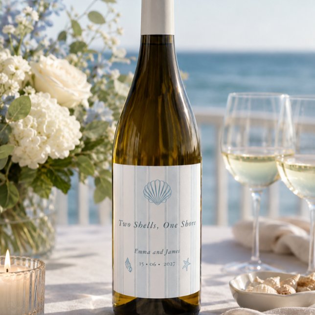 Kustsnäckor Vita Blå Bröllop  Vinflaska Etikett (Coastal Seashell White Blue Wedding Wine Label)