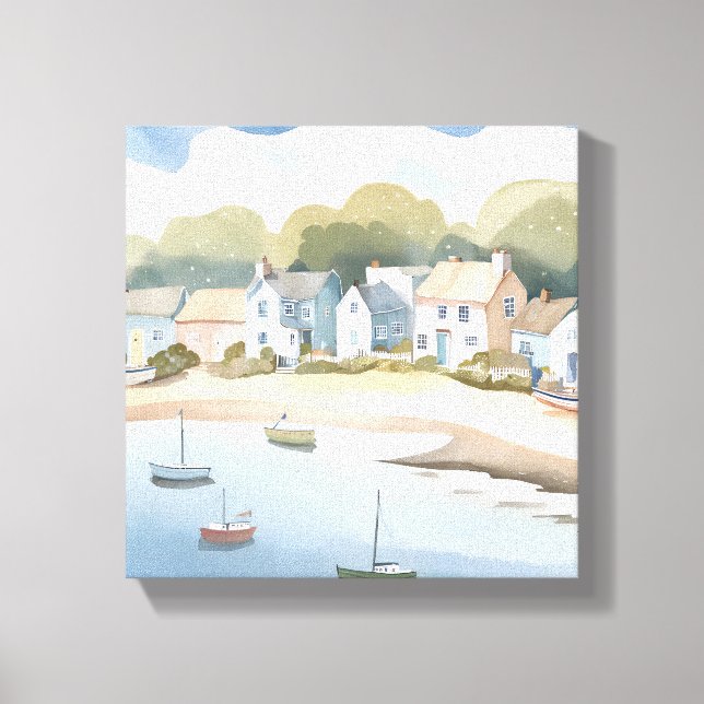Kuststad | Luftig Strand Aquarellmålning Canvastryck (Framsida)