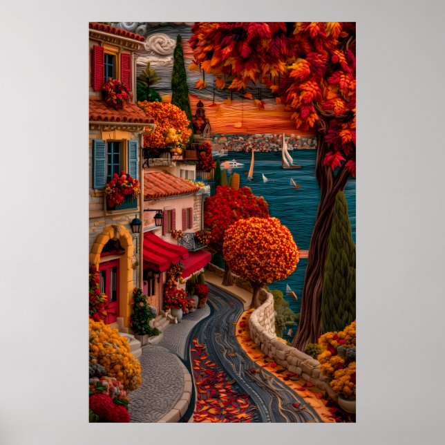 Kuststaden Höst Broderi Stil Levande Röd Poster (Framsidan)