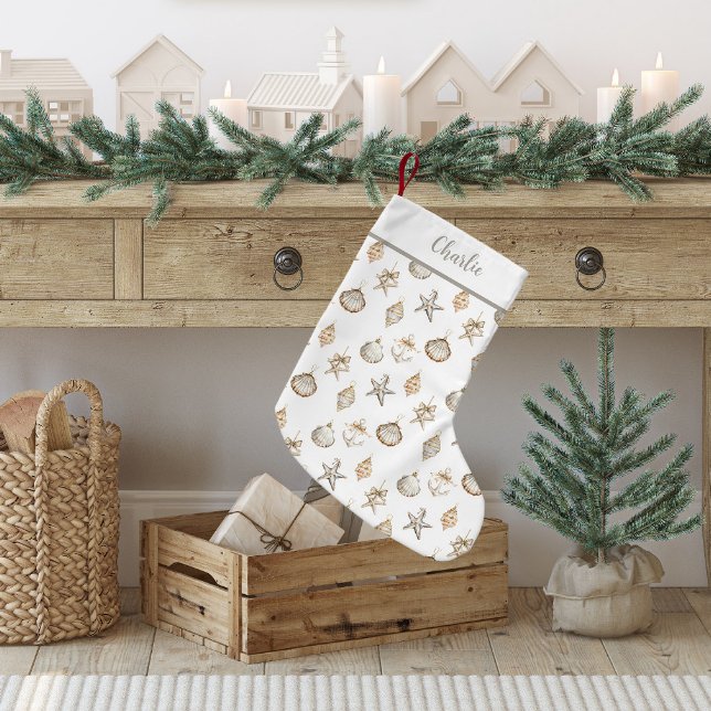 Kuststjärna och snäckprydnader    liten julstrumpa (Seashell Ornament Christmas Stocking)