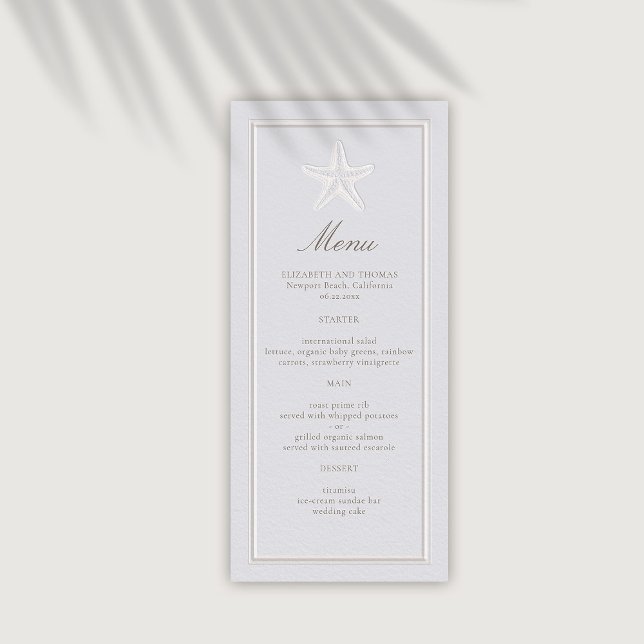 Kuststjärtfenad fisk faux Embossed Forme Bröllop Meny (coastal wedding menu classic formal traditional frame faux embossed starfish nautical beach)