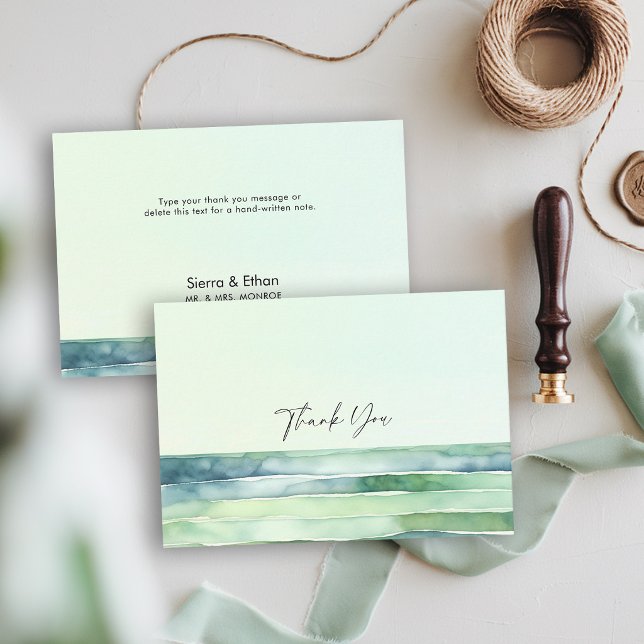 Kuststrand Tidvattenbassäng Hav Gröna Ränder Bröll Tack Kort (coastal wedding thank you card green theme tide pool sea sage modern elegant beach ocean)