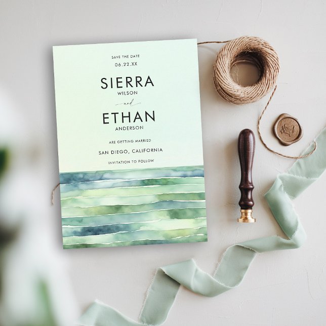 Kuststrand Tidvattenpool Hav Gröna Ränder Bröllop Spara Datumet (coastal wedding invitation save the date card green theme tide pool sea sage modern elegant)