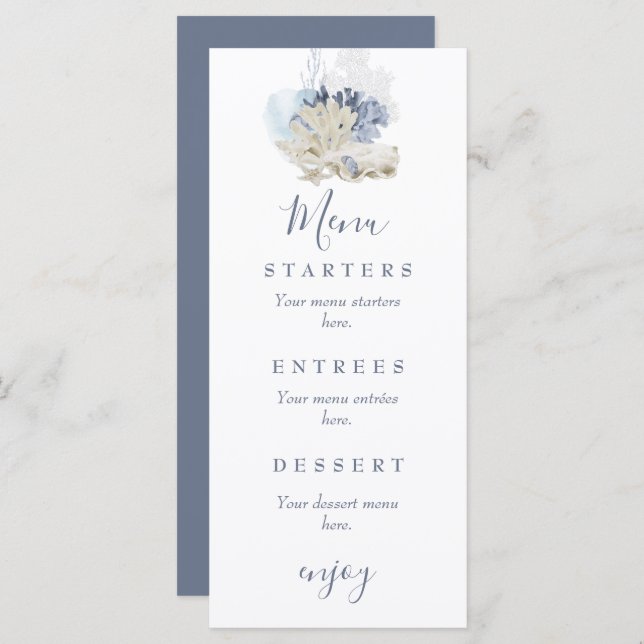 Kuststrandblått årstift bröllop meny (Fram/baksida)