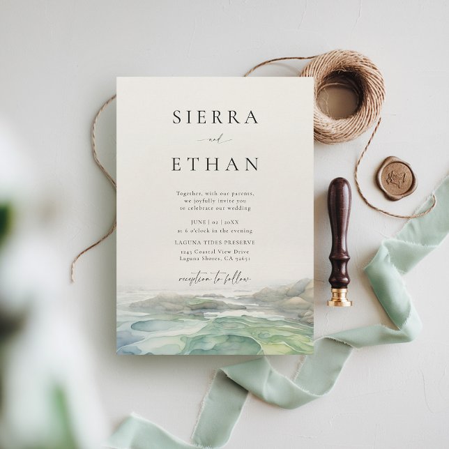 Kuststranden Tide Bassäng Ecru Grönt Elegant bröll Inbjudningar (coastal wedding invitation rocky beach tide pool sage green ecru elegant romantic)