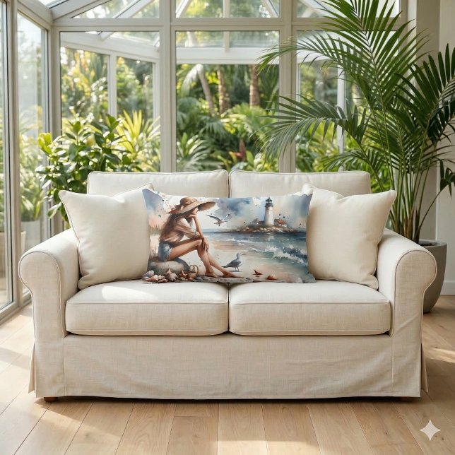 Kuststrandflicka & Fyren Lumbarkudde (Coastal Beach Girl & Lighthouse Lumbar Pillow On Loveseat)