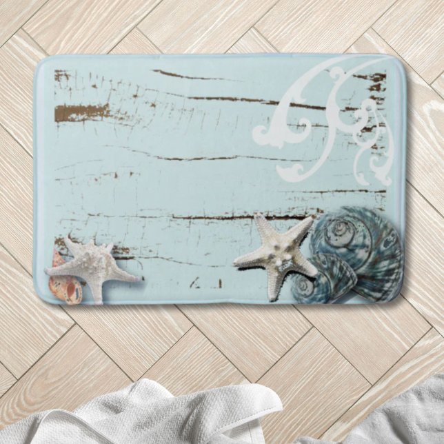 Kuststrandsträ aqua Blue Starfish seashells Badrumsmatta (Coastal beach wood aqua blue starfish seashells bath mat)
