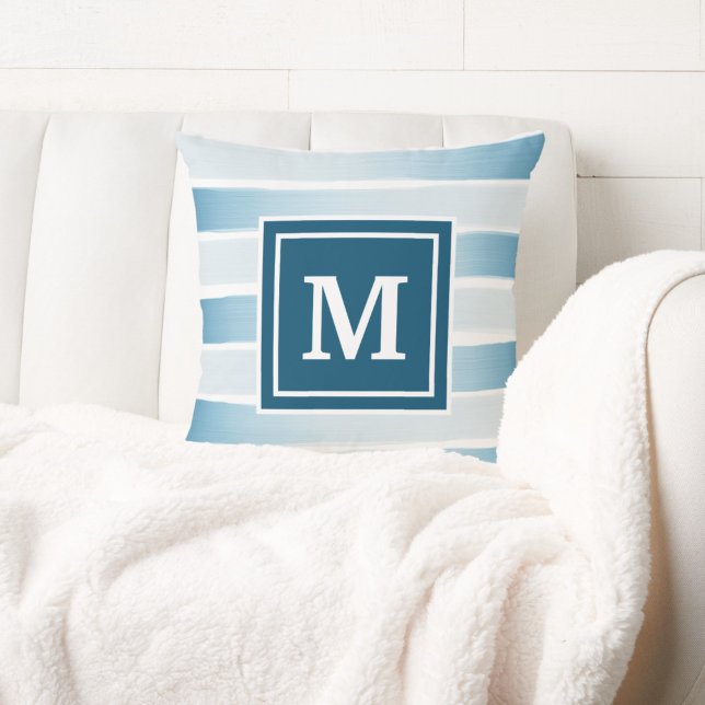 Kuststrumpan Monogram Blue White Nautical Rand Kudde (Skapare uppladdad)
