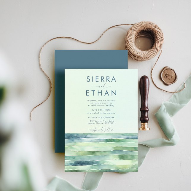 Kuststrutens Bassäng-havets moderna Rand Bröllop Inbjudningar (coastal wedding invitation rocky beach tide pool sea sage green navy stripes elegant modern romantic)