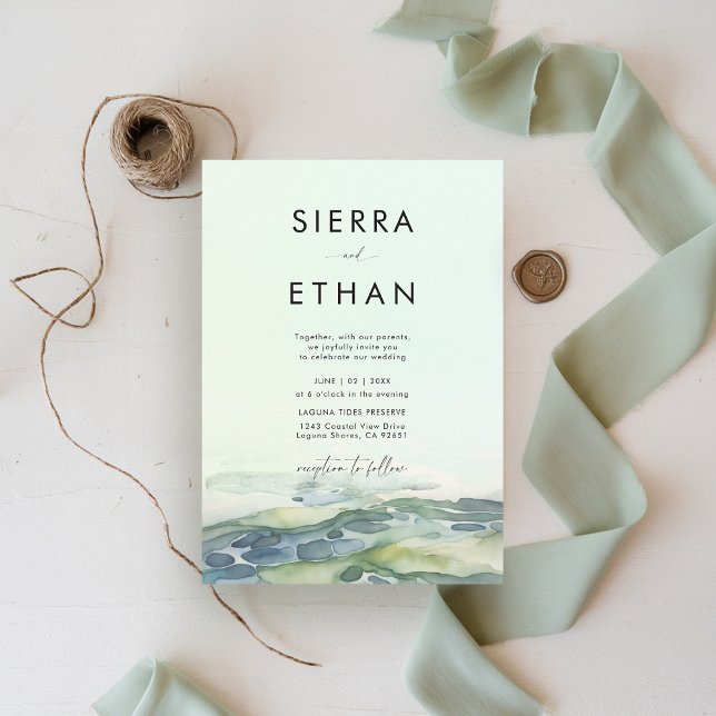 Kuststrutens Grönt Bassäng - Modern Bröllop Inbjudningar (coastal wedding invitation rocky beach tide pool sea sage green ecru elegant romantic)